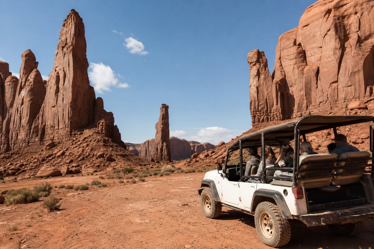 An open-air 4x4 jeep tour among the sandstone spires of the Monument Valley backcountry
