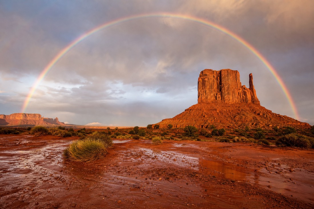 A vivid rainbow arcing over Merrick Butte as a monsoon storm clears, wet red sand shining in the foreground