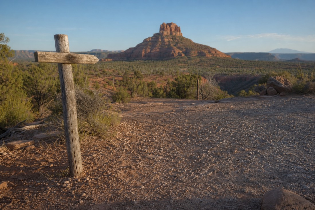 A gravel pullout on the one-way loop with a weathered wooden directional marker and Camel Butte rising across the valley