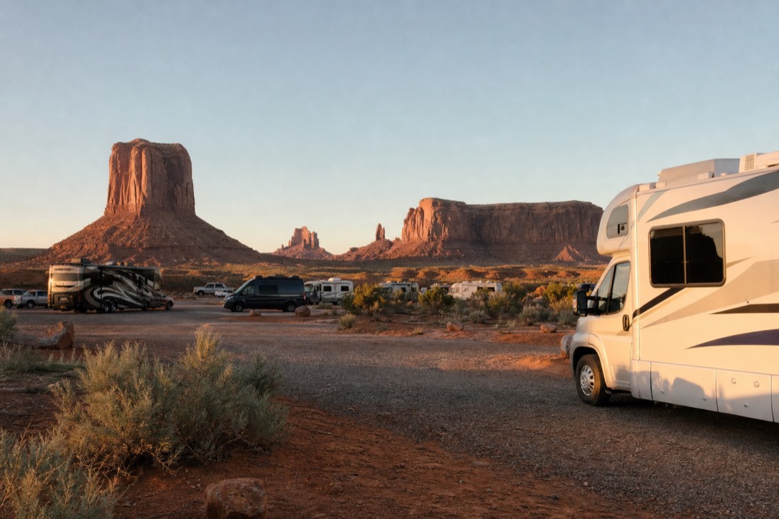 Several RVs and a camper van parked at a gravel desert campground with sandstone buttes on the skyline at sunset