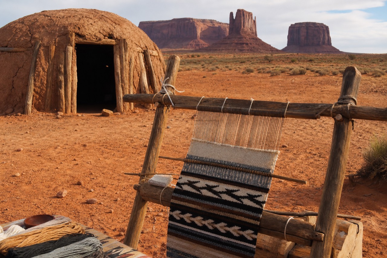 A traditional Navajo weaving loom and hogan on the red desert floor of Monument Valley